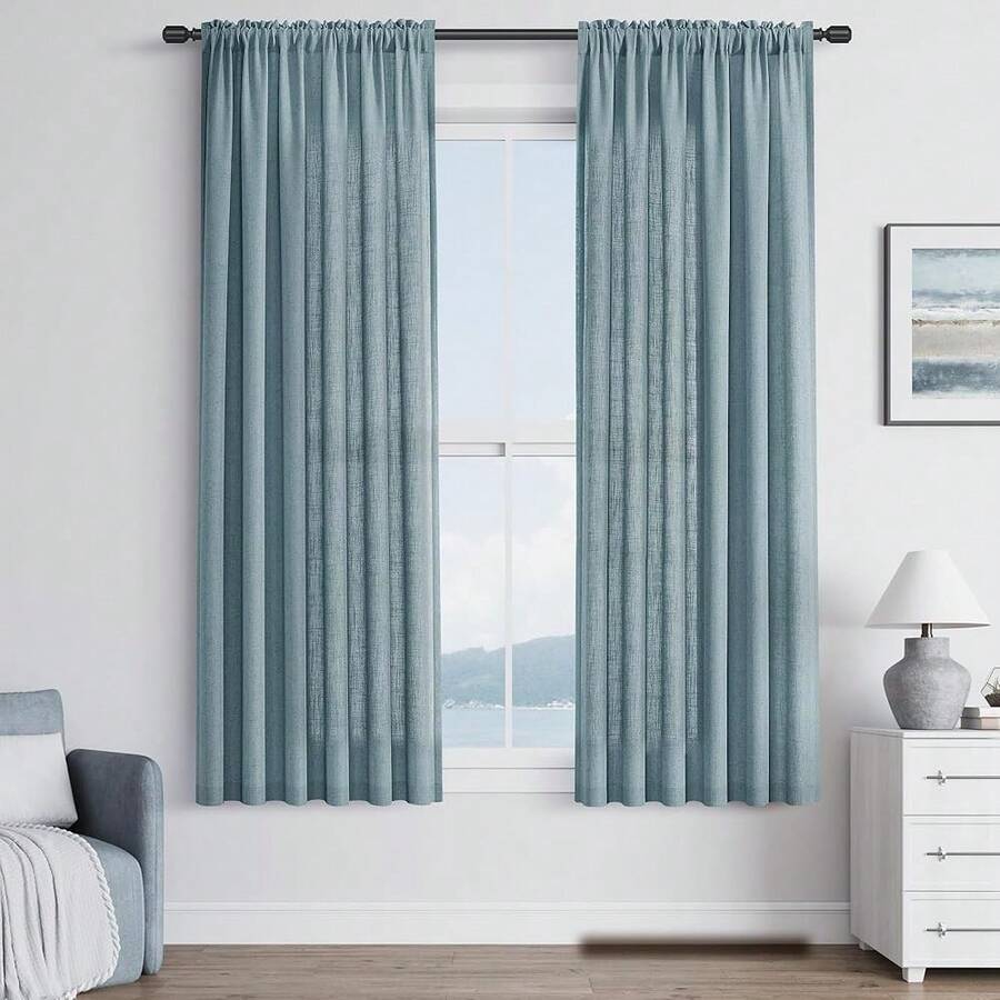 Blue Linen Semi Sheer Curtains 63 Inch Length For Living Bedroom 2 Panels Rod Pocket Light Filetring Privacy Linen Blend Cotton Textured Rustic Farmhouse Decor Drapes For Dining Room, W52xL63,52inchWx63inchL(Packof2),Blue - Blue - View 1