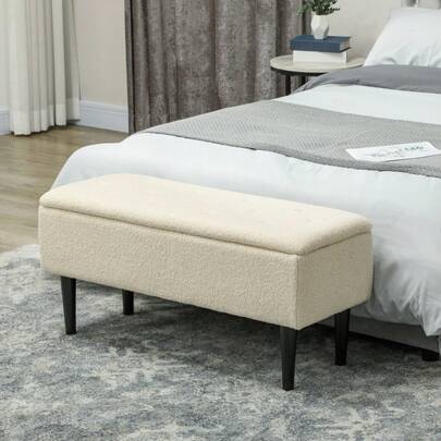 47L Teddy Fleece Storage Ottoman Bench | Cream-Colored Footstool With Seating And Storage