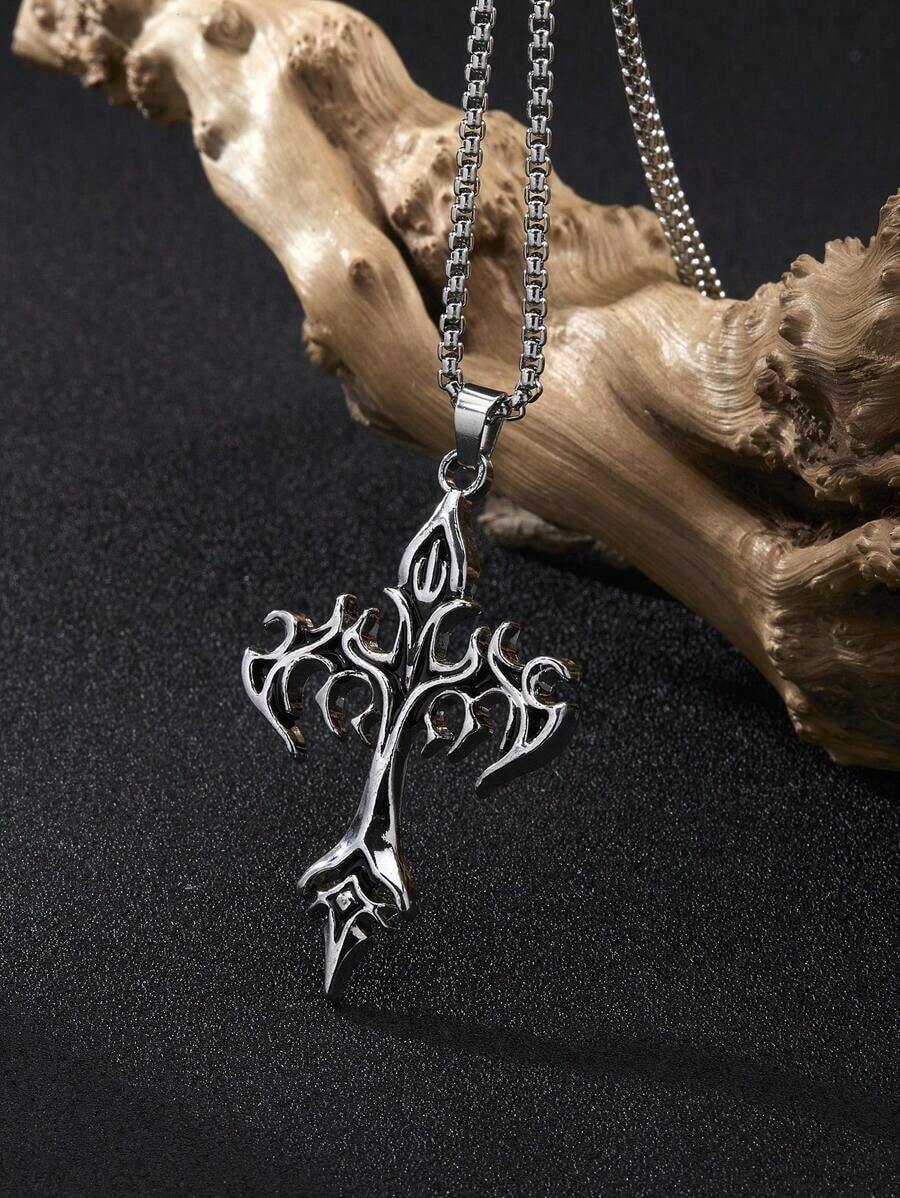 1pc Vintage Gothic Style Pendant Necklace, Suitable Men And Women Daily Wear, Long Chain Accessory, Holiday, Birthday, Easter, Graduation, Father's Day, Men Necklace, Men Jewelry, Chain Necklace - Bạc cổ - Xem 1