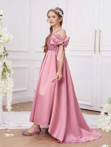 Tween Girls Spaghetti Strap Sequin Bow Satin Elegant Hosting School Party Trailing Princess Dress, Suitable For Birthday Party, Prom, Does Not Include Headband - Dusty Pink - View 5