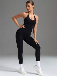 Yefecy Seamless High Elasticity Racerback Sports Jumpsuit With Lifting Effect - Black - View 5