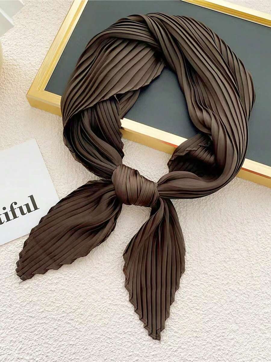 1 pieza Pañuelo pequeño de mujer de unicolor de seda sintética arrugada, diadema, coletero, envoltorio versátil, adecuado para uso diario con vestidos - marrón - Ver 1