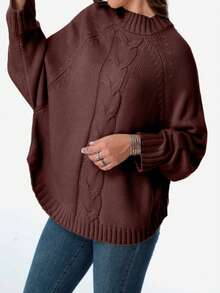 Plus Size Casual Solid Color Batwing Sleeve Pullover Sweater, Autumn/Winter - Coffee Brown - View 3