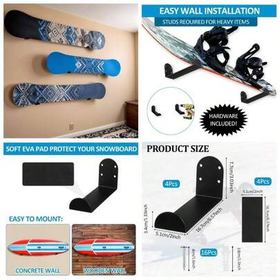 - Juego de 4 estantes de pared de acero inoxidable para snowboard, soportes de estante de esqu slidos, almacenamiento de tabla de snowboard, funciona con tablas de surf, longboards