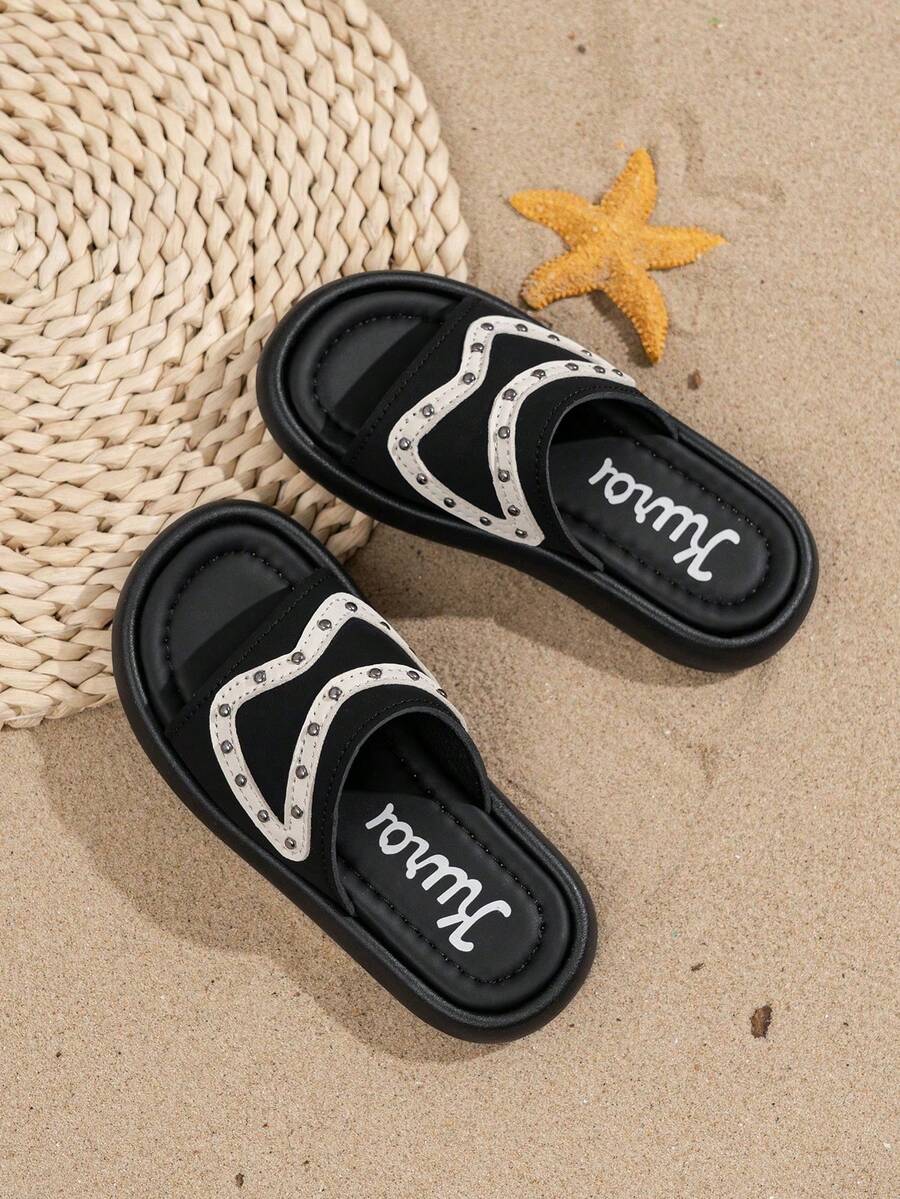 1 Pair Girls' Summer Slippers, New Pearl Design Fashion Princess Sandals, Children Soft Bottom Shoes, Toddler Beach Shoes, Stylish For Girls - Black and White - View 1