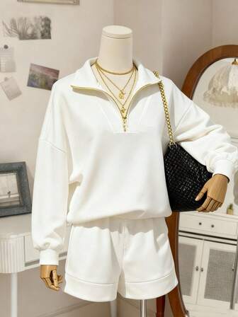 2ชิ้น ชุดเสื้อโปโลแขนยาวแบบลำลองมีซิปและกางเกงขาสั้นขากว้าง ทรงหลวม สไตล์สำนักงาน/สนามบิน ชุดลำลองสำหรับผู้หญิงฤดูใบไม้ร่วง/ฤดูหนาว ชุดปาร์ตี้ย้อนยุคสีพื้น ชุดลำลองธุรกิจ ชุดใส่สบาย ชุดเซ็ต 2 ชิ้นฤดูใบไม้ร่วง/ฤดูหนาว ชุดสูทแขนยาวผู้หญิง