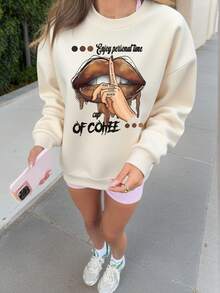 女士休闲圆领咖啡手势印花卫衣，时尚百搭，适合秋冬季 - 杏色 - 查看 7