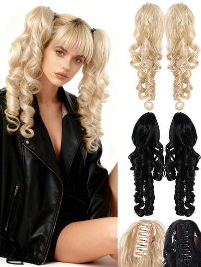 Synthetic Roman Roll Clip Double Ponytail Wig Ponytail Hair Extensions 16Inch Heat Resistant Lolita Pony Tail Hair Versatile Wig Piece For Women Daily Party