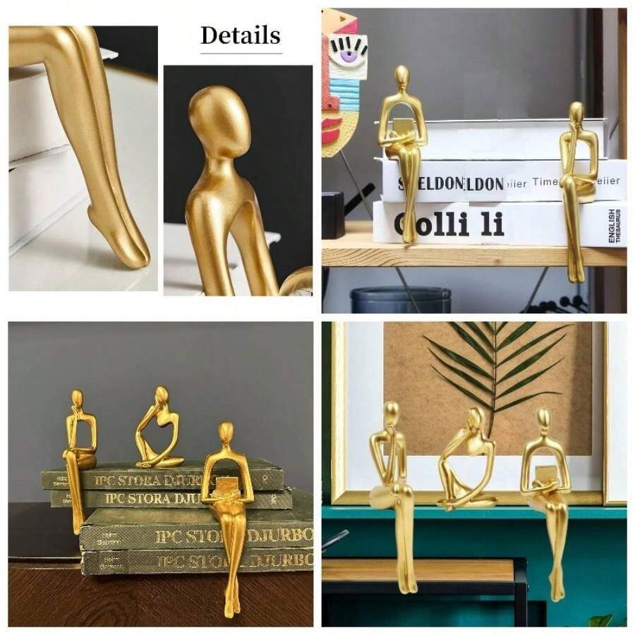 Gold Home Decor Thinker Statue Accents, Set Of 3 Thinker Sculptures Office Decor Modern Abstract Resin Decoration On Shelf Table Desk Living Room Office Bedroom Small Gold - 小金 - 查看 1