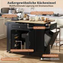 Kitchen Island With Wheels, Extendable Dining Area, Kitchen Island With Multifunctional Drawers And Waste Bin Compartment, Mobile Kitchen Island Ideal For Kitchen And Dining Room (Black) - Black - View 3