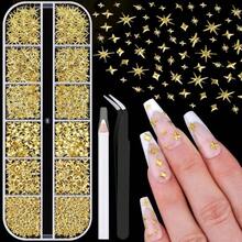 660Pcs 3D Star Nail Charms, Gold Multi-Shapes Metallic Nail Art Gems,Bedazzling Small Nail Beads Craft Jewels Y2K Cross Nail Rhinestones Accessories Manicure Decor With Tweezers And Pick-Up Pencil - MàuG - Xem 1