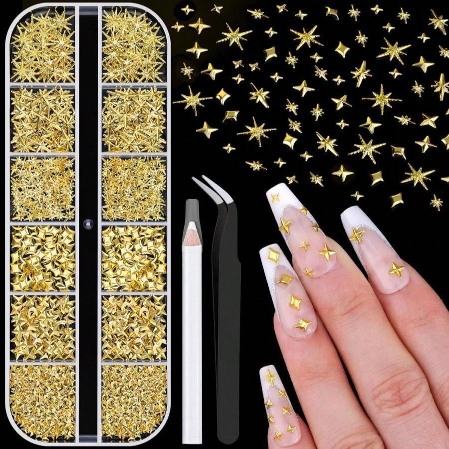 660Pcs 3D Star Nail Charms, Gold Multi-Shapes Metallic Nail Art Gems,Bedazzling Small Nail Beads Craft Jewels Y2K Cross Nail Rhinestones Accessories Manicure Decor With Tweezers And Pick-Up Pencil - MàuG - Xem 1