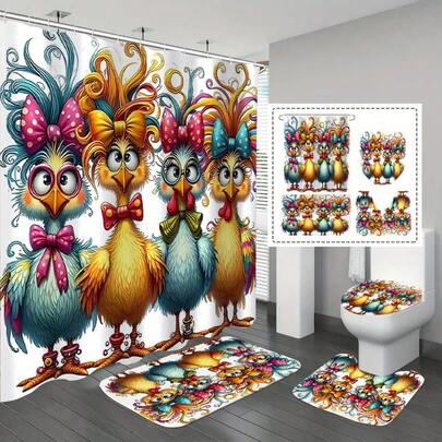 1/3/4 Pcs Colorful Fluffy Bow Chick Shower Curtain Set, Bathroom Set With Shower Curtain And Rug, Waterproof Polyester Fabric Shower Curtain Bathroom Decor, With 12 Hooks, Bathroom Window Curtain Shower Curtain Set, Home Decor, Holiday Decor