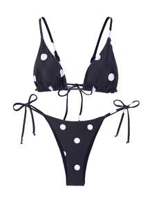 Bộ bikini chấm bi thời trang, áo tắm tam giác gợi cảm với quần lọt khe và dây mảnh, bộ đồ bơi phong cách Bohemian dành cho nữ. - Màu xanh hải quân - Xem 6