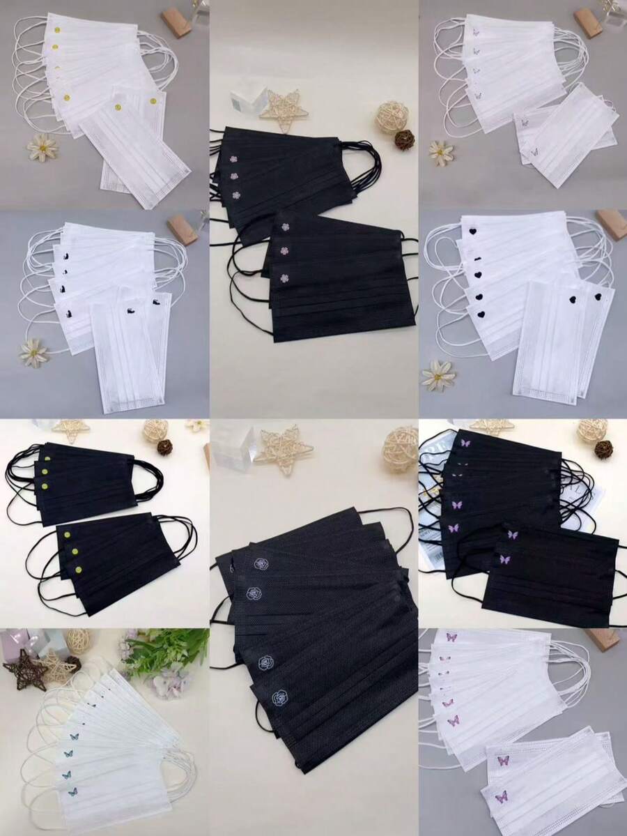 10pcs Adult Unisex Fashionable Cute Butterfly, Camellia, Heart Logo Printed Disposable Non-Medical Face Masks - Black - View 1