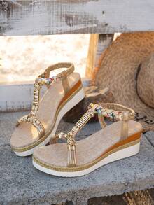 2026夏季度假风女装香槟色串珠绳底5.5厘米女士凉鞋，复古坡跟厚底波西米亚编织凉鞋 - 香檳色 - 查看 6