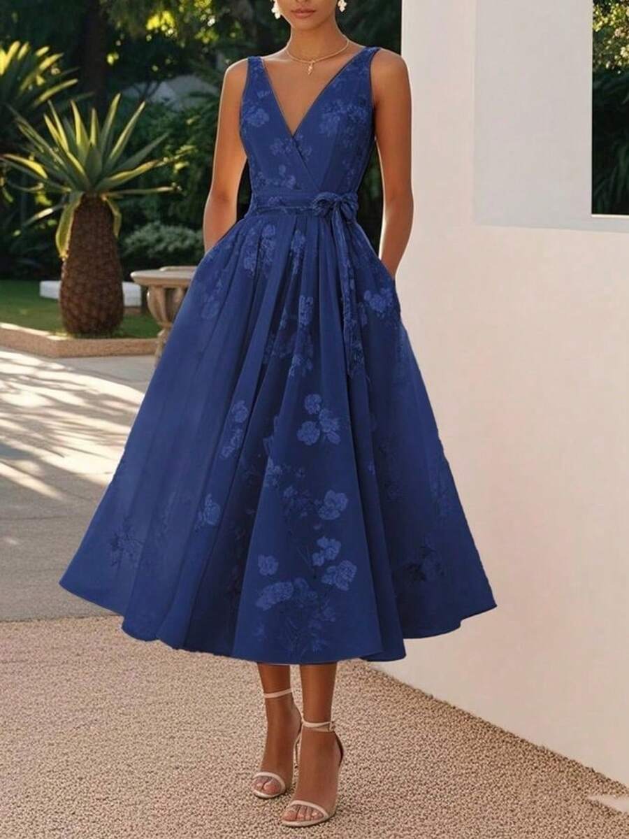 Dress Banquet Evening Dress Sleeveless Vest V-Neck Digital Print Dress - Màu xanh hải quân - Xem 1
