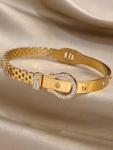 1pc Vintage Belt Buckle Shape Bangle Bracelet For Women Unique Hollow Stainless Steel Bangle Bracelet For Daily Party Jewelry Christmas Gifts - Multicolor - View 5