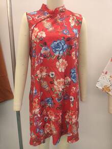 女士花卉印花无袖优雅旗袍连衣裙