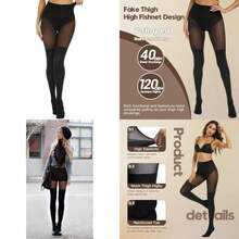 MANZI Faux Thigh High Opaque Tights Goth Mock Over Knee Stockings High Waist Warm Fake Sheer Pantyhose For Women(One Size Black) - 彩色 - 查看 1