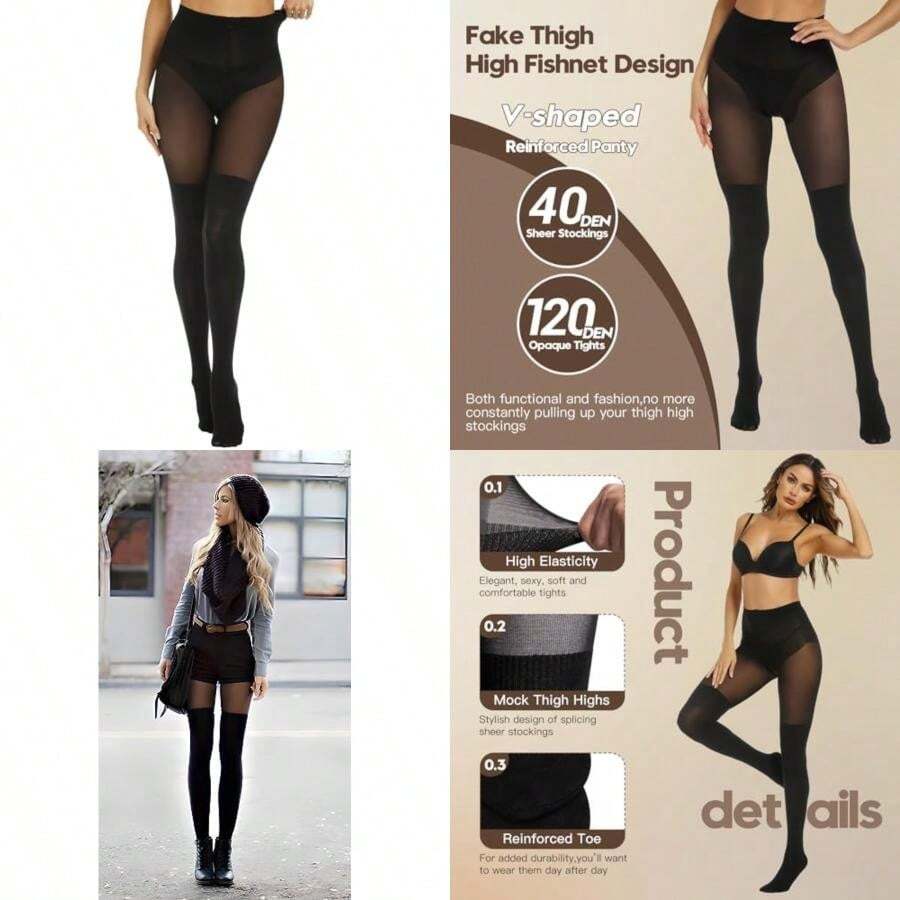 MANZI Faux Thigh High Opaque Tights Goth Mock Over Knee Stockings High Waist Warm Fake Sheer Pantyhose For Women(One Size Black) - 彩色 - 查看 1