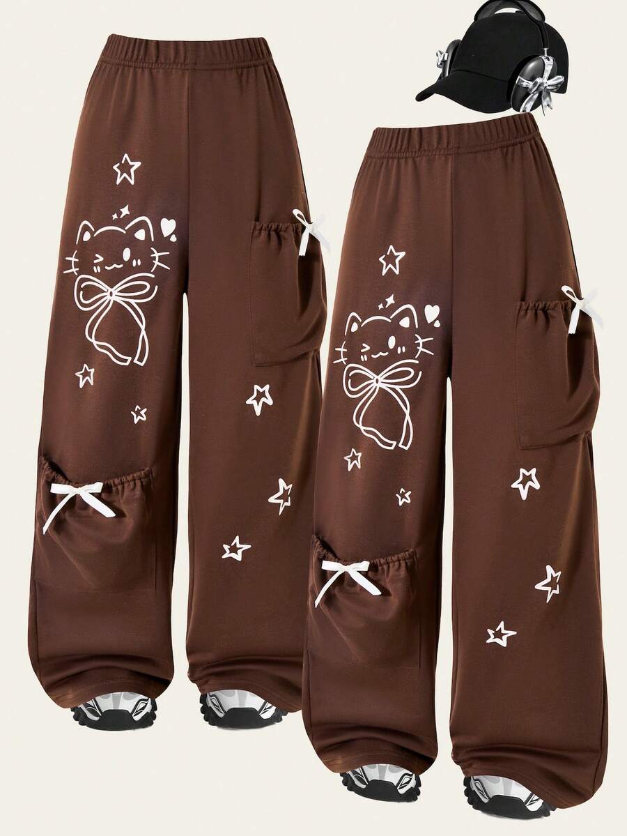 Girls' Casual Straight Leg Pants, Light Gray With Cute Cat & Star Print, Soft & Comfortable Fabric, Bow Pocket Design, Suitable For Spring, Summer, Autumn, Winter - Brown - View 1