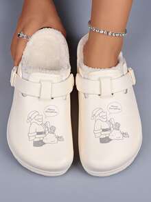 女士冬季保暖家居拖鞋，圣诞老人印花，毛绒鞋垫和EVA鞋底，可调节绑带，保暖休闲靴，节日设计，冬季靴，节日鞋履，舒适鞋履 - 米色 - 查看 2