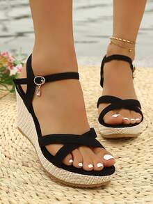 Giày sandal đế xuồng mùa hè mới, đế dày, chống thấm nước, đa năng giúp tăng chiều cao và tạo dáng thon gọn. - màu đen - Xem 2