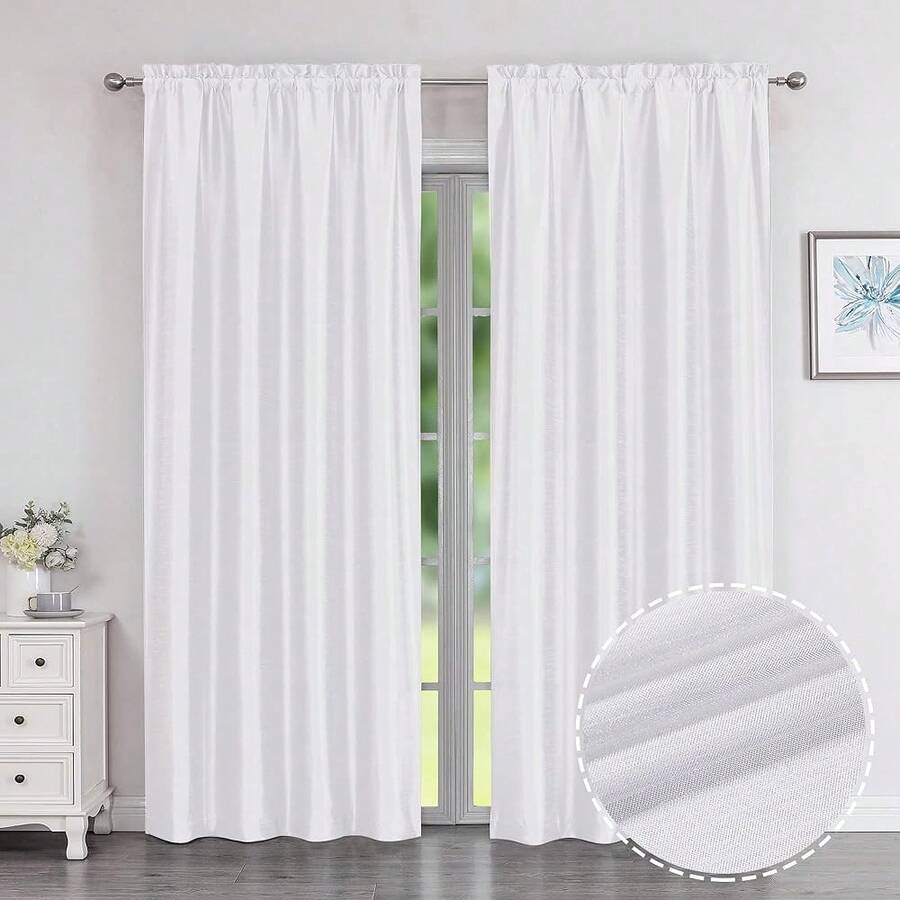 Chyhomenyc Uptown Faux Silk White Curtains 84 Inch Length 2 Panels For Bedroom, Light Filtering Soft Shiny Fabric Rod Pocket Window Drapes For Living Room, Each 40x84 Inches, 7 FT,White40inchWx84inchLPackof2 - 白色40吋寬x84吋長2件裝 - 查看 1