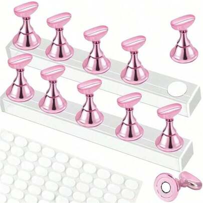 2 Sets (10 Pcs) - Nail Art Tray, Nail Art Stand Set (Base Only), Nail Art Press Stand, Nail Art Practice Hand Tray, Pre-Coated Nail Art Stand, Nail Art Display Rack, Home Nail Salon Starter Kit (Pink), Christmas And New Year Gift.