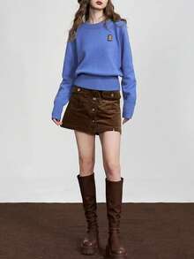 Women's Casual Pullover Sweater, Soft & Comfortable Round Neck Long Sleeve Solid Color Bear Patch Knitted Top, Versatile For Autumn/Winter - Blue - View 10