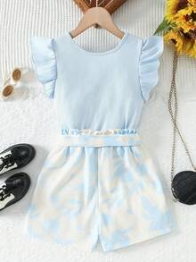 2pcs Girls Summer Fashion Ribbed Top & Printed Shorts Set, Suitable For Outdoor And Daily Wear - Baby Blue - View 2