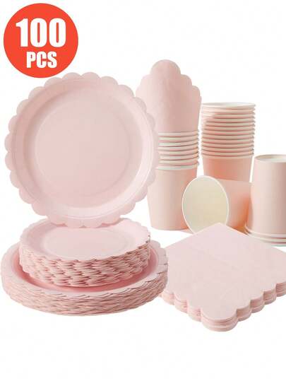 25 pezzi Piatti, tovaglioli e bicchieri monouso a forma di petalo di colore rosa chiaro, adatti per 25 ospiti, set di stoviglie monouso per feste di compleanno, matrimoni, feste, picnic in famiglia