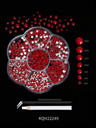 7 rutnät röda kristalldiamanter, platta baksida strass DIY-pyssel runda ädelstenar strass för nagelkonst, 3D-ornament platta baksida stenar med 1 st pincett och 1 st borrpenna