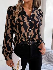 Blusa de mujer de manga larga con estampado geométrico, con cuello y detalles de botones, bajo asimétrico de poliéster para vacaciones - Negro - Ver 1