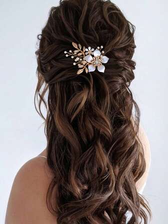 1件合金花叶仿珍珠优雅发梳，时尚配饰，适合婚礼、聚会、派对、舞会等场合