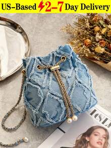 [US-Based Shipping]New Fashion Classic All-Match Solid Color Diamond Lattice Raw Edge Metal Drawstring Opening And Closing Design Shoulder Bucket Bag, Elegant Women's Wallet, Suitable For Shopping, Commuting To Work, Party Gatherings - Màu xanh lam - Xem 11