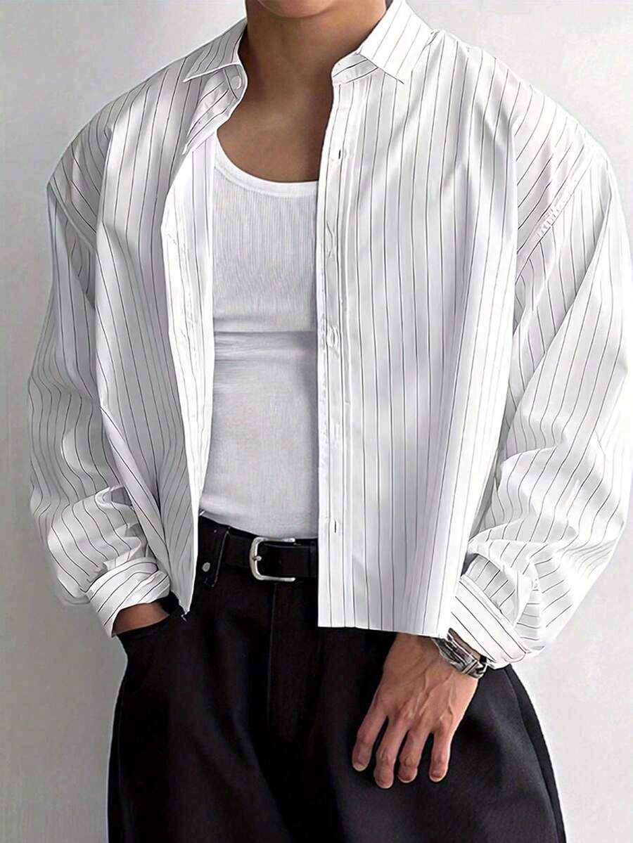 Men's Single-Breasted Casual/Commute Striped Short Sleeve Shirt - White - View 1
