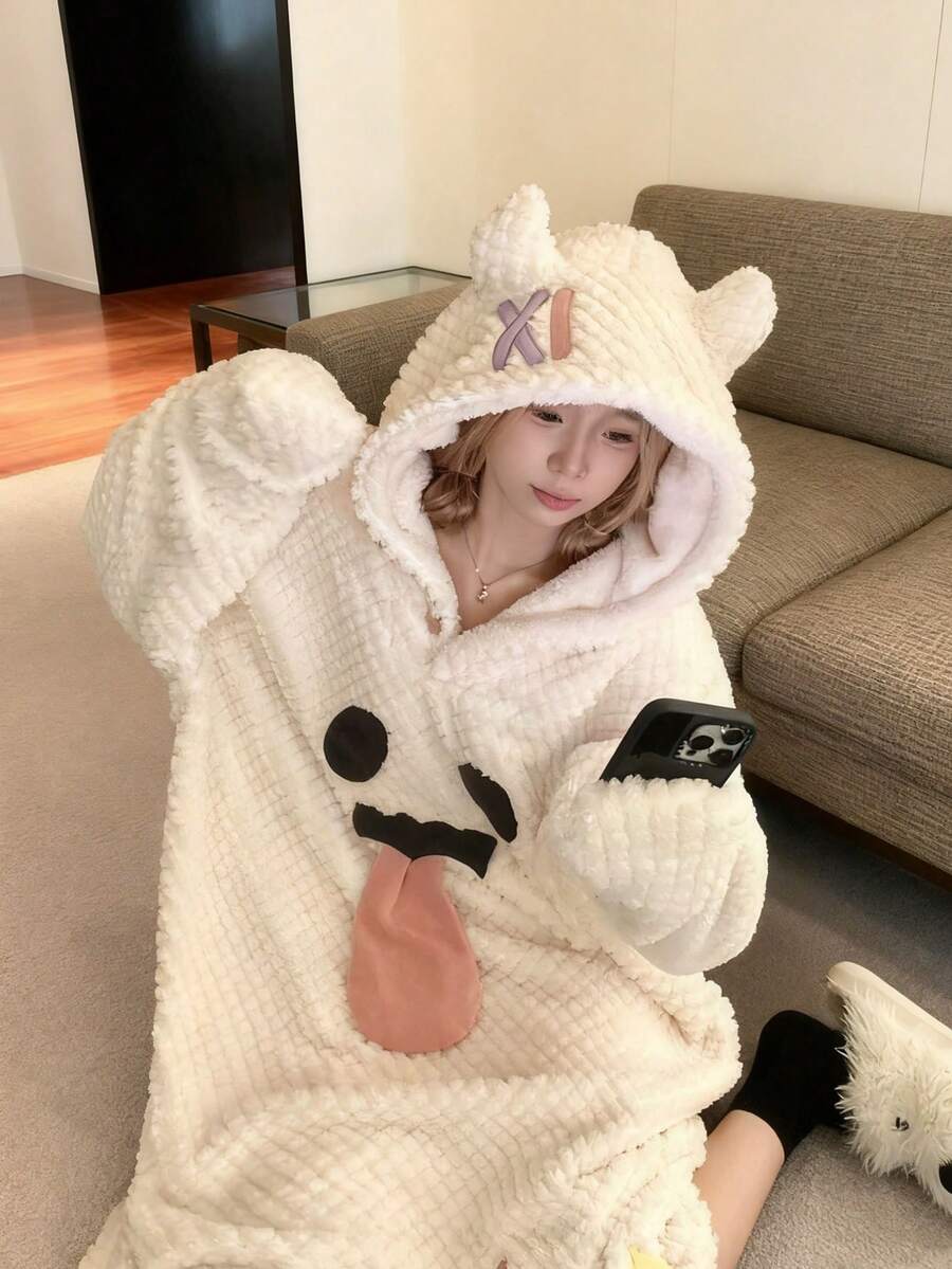 女士超柔软荷叶边及踝加厚抓绒睡袍，时尚荷叶边装饰，带侧袋，柔软保暖长款浴袍，毛绒SPA睡袍，家居服，睡衣，带口袋