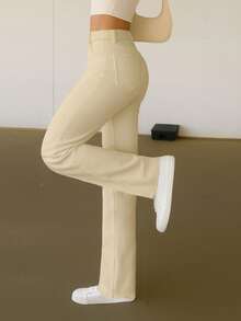 复古美式街头风女式牛仔裤，无弹力直筒牛仔裤，欧美嘻哈时尚 - 卡其色 - 查看 7