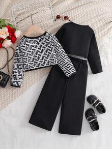 Girls' 3 Pieces Outfit Set, Spring/Summer/Winter Casual Commuter Jacket, Solid Top And Loose Pants, Fashionable Outfit For Girls - Black and White - View 2