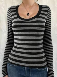 GAOVOT 女士秋冬T恤Y2K性感年轻热辣条纹撞色圆领长袖上衣 - 淺灰黑 - 查看 6