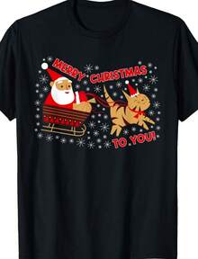 Merry Christmas To You Santa In Sleigh With Cat Happy Funny T-Shirt - 黑色 - 查看 1