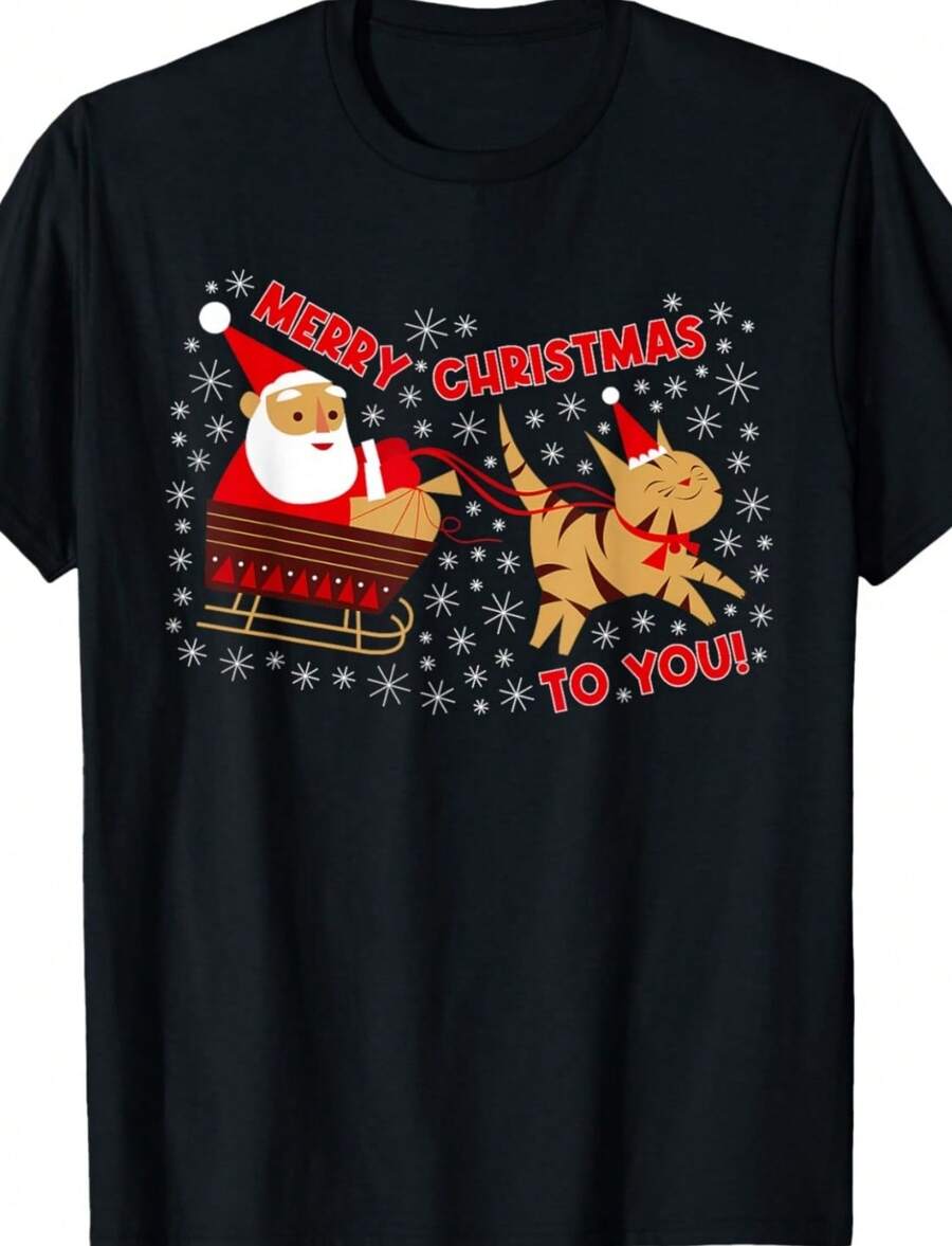 Merry Christmas To You Santa In Sleigh With Cat Happy Funny T-Shirt - 黑色 - 查看 1