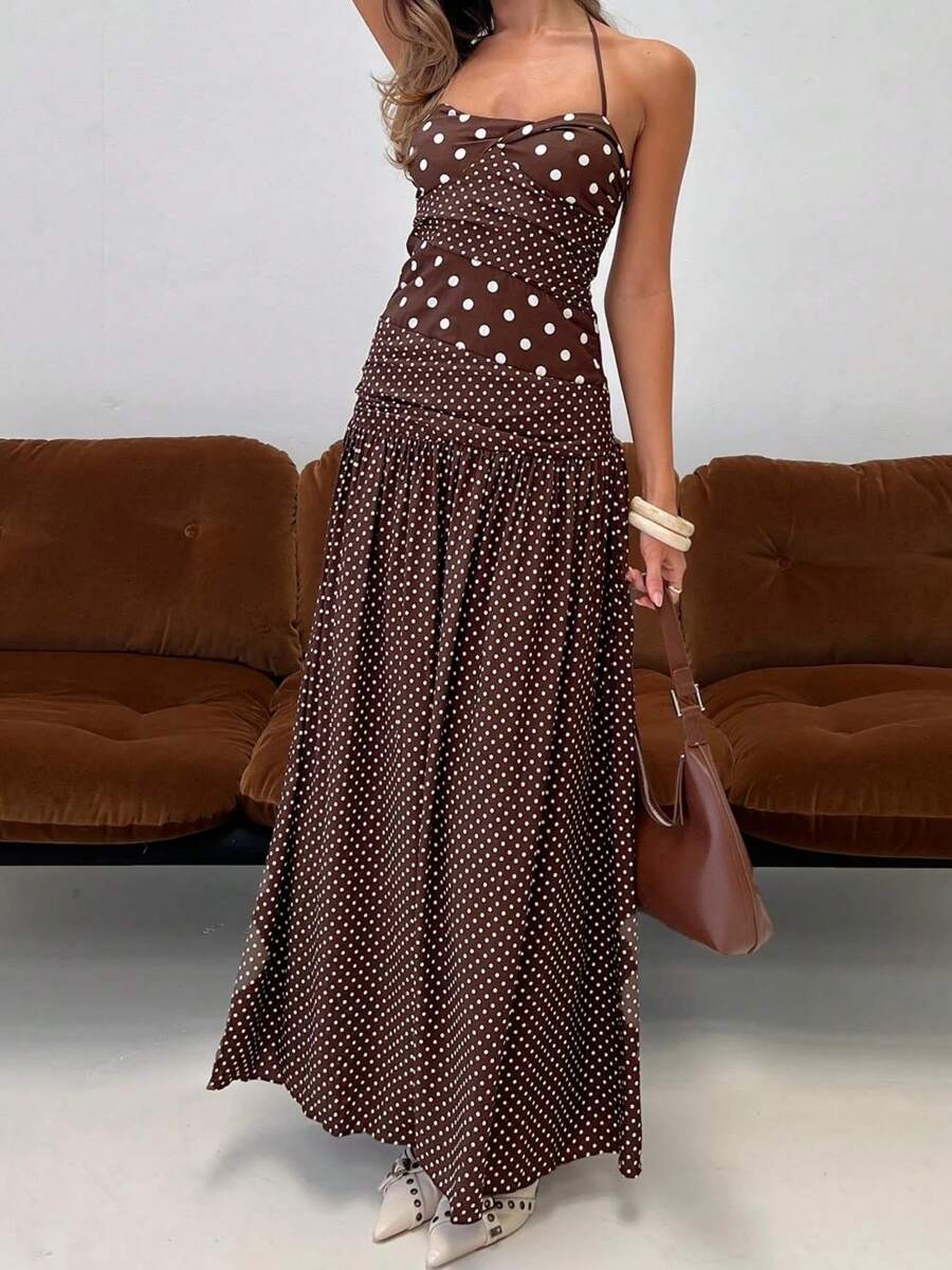 Women's Y2K Summer Maxi Cami Dress Sleeveless Open Back Halter Neck Dot Print Flowy Long Dress Beach Vacation Sundress - 棕色 - 查看 1
