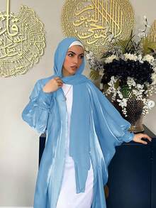 Áo choàng Abaya dài dáng rộng thanh lịch dành cho nữ, chất liệu voan mỏng, kiểu kimono, tay cánh dơi, không kèm khăn trùm đầu, không kèm áo lót bên trong, giao hàng nhanh chóng mùa xuân. - Màu xanh nhạt - Xem 5