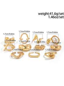 11pcs Vintage Punk Baroque Faux Pearl Asymmetric Hollow Geometric Ring Set, Fashionable Design Suitable For Women's Daily Outfit And Party Accessories - Gold - View 6