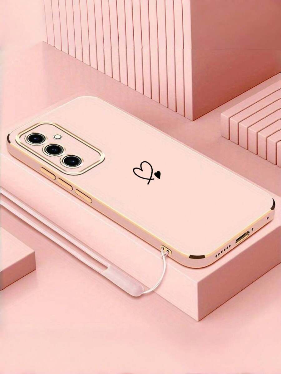 柔軟 TPU 手機殼，淡粉色，金色電鍍邊框，附矽膠防丟掛繩，精緻極簡雙心設計，全相機保護，防摔防刮，優雅手機保護殼，適用於 Apple 13/16/17 Pro Max 系列，適合女性、男性和學生的理想手機配件