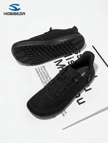 HOBIBEAR 女士休闲运动鞋，平底运动鞋，时尚舒适系带宽楦加大码防滑运动鞋 - 全黑 - 查看 4