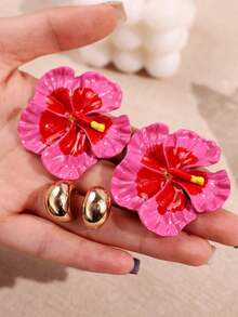 Set de 4 piezas de aretes grandes y exagerados de esmalte de colores con flores de Plumeria, joyería de mujer de moda para otoño/invierno, conjunto de joyería floral minimalista y única - Multicolor - Ver 3